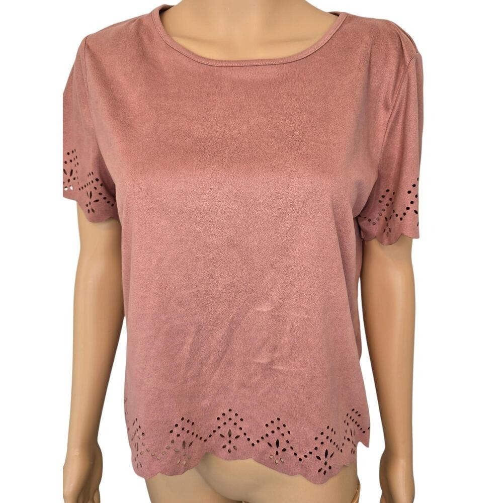 Dusty Rose Faux Suede Laser Cut Short‎ Sleeve Blouse Top Scalloped Med